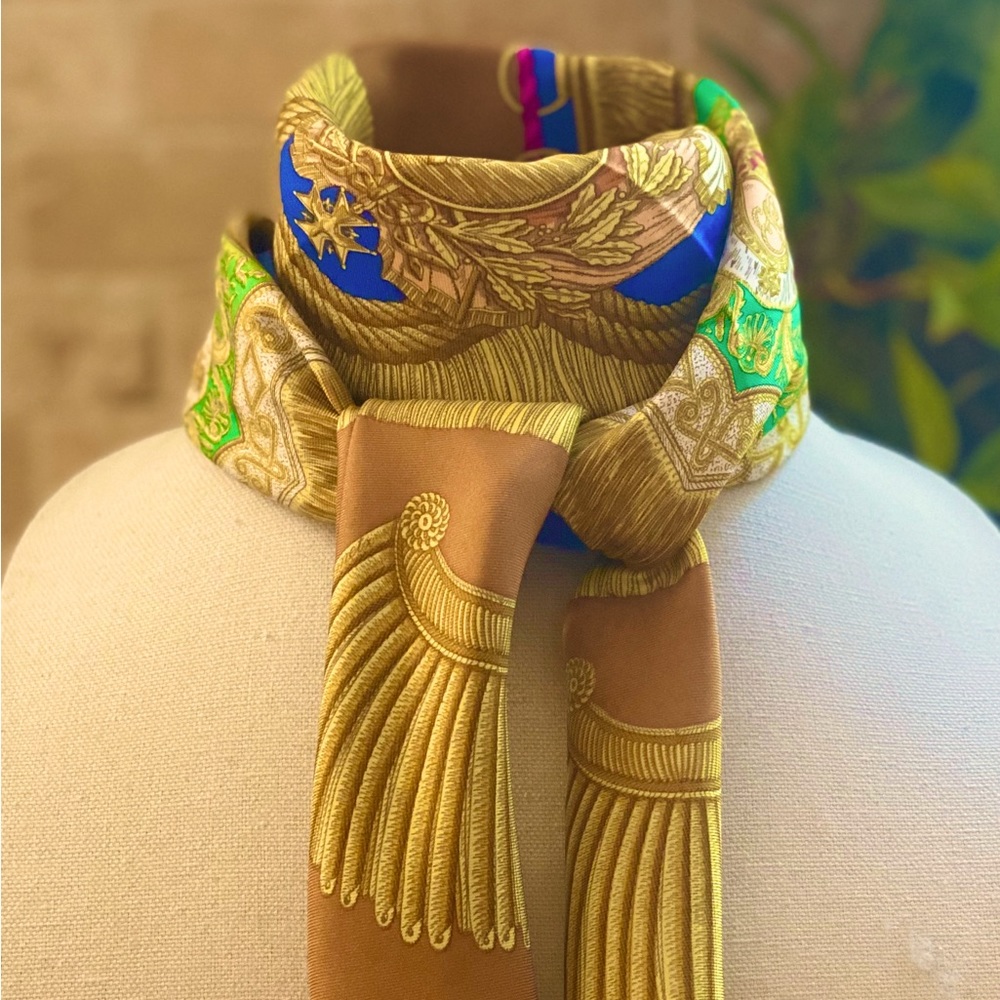 HERMÈS Poste et Cavalerie Silk Twill Scarf, 90, 1986, EUC